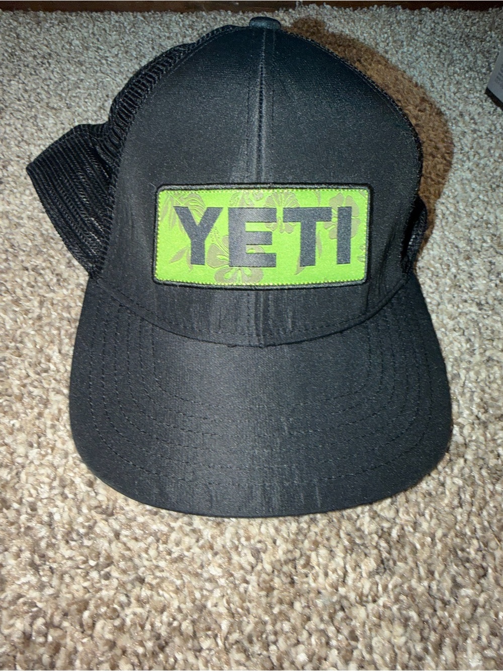 Yeti Floral Logo Badge Trucker Hat Adjustable Mesh Back Back Green Tropical Back